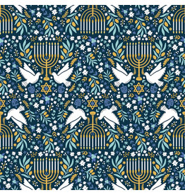Clothworks Hanukkah Menorahs in Navy Blue, Fabric Half-Yards