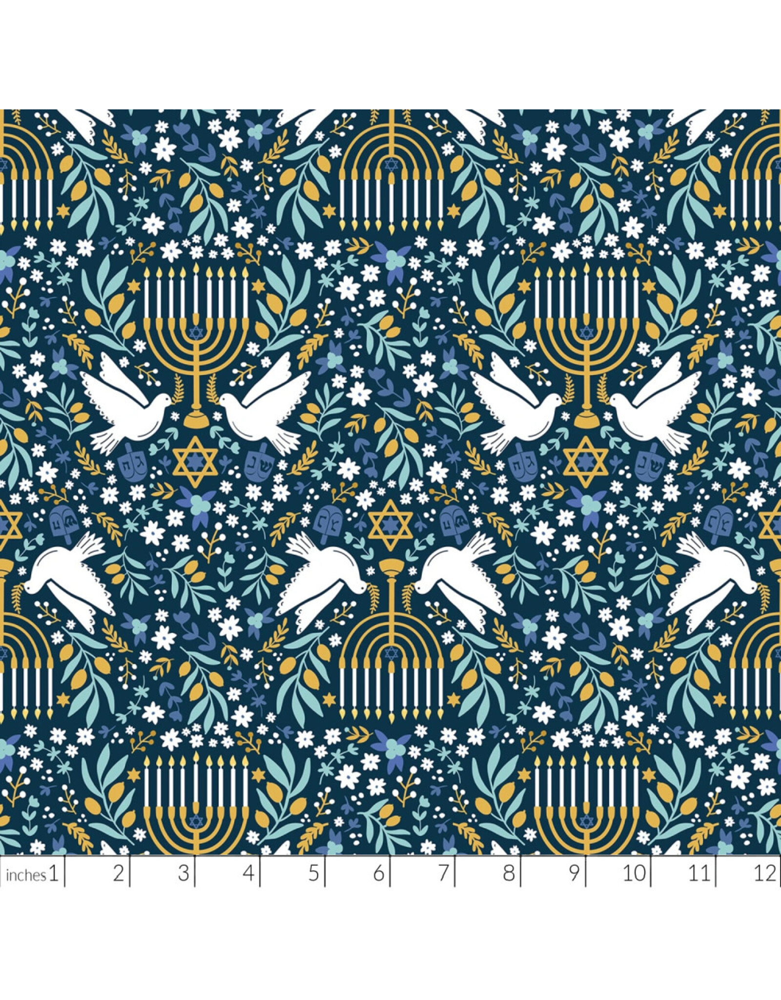 Clothworks Hanukkah Menorahs in Navy Blue, Fabric Half-Yards