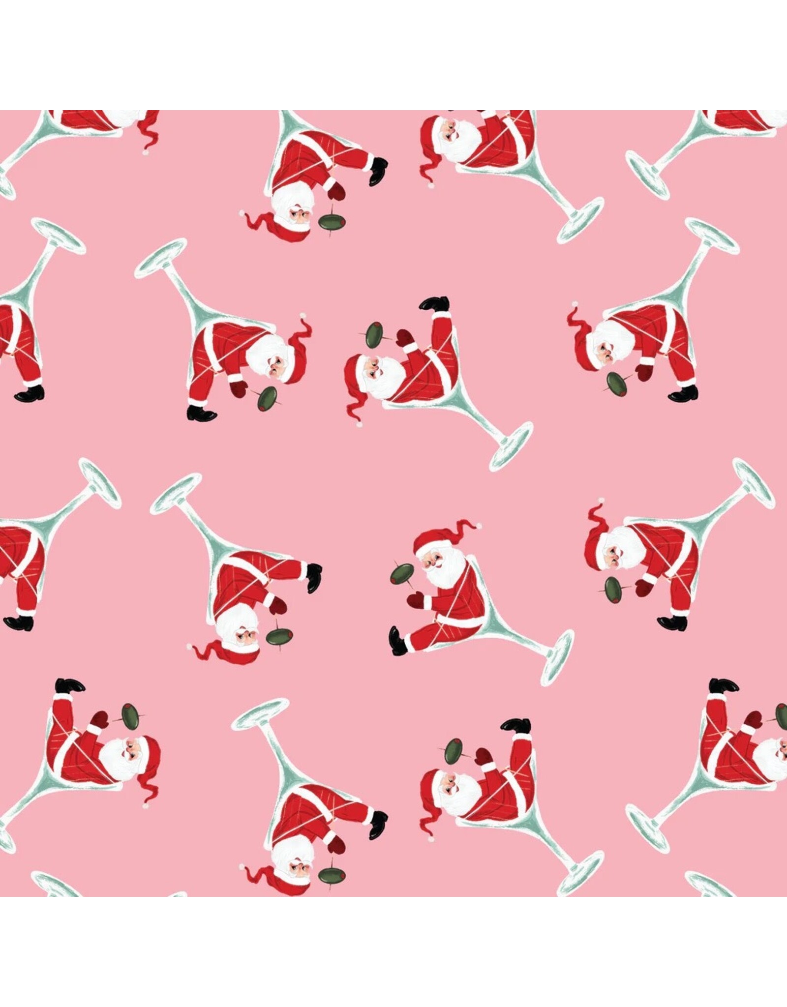 Camelot Fabrics North Pole Social Club, Santa Martini in Pink, Fabric Half-Yards