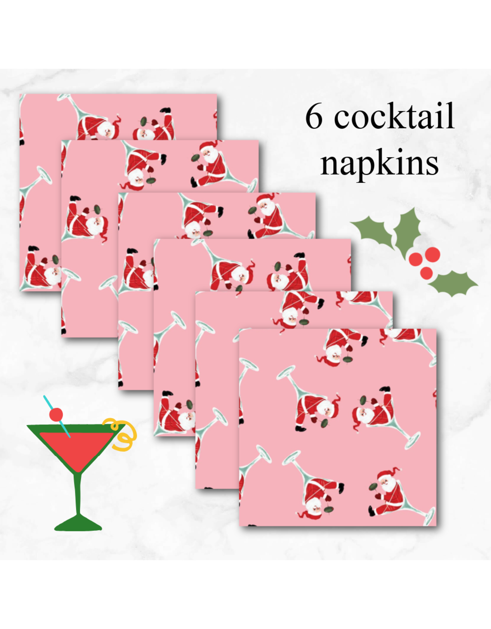 PD North Pole Social Club, Santa Martini in Pink, Set of 6 Cocktail Napkins