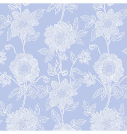 Anna Maria Silhouette, Stitched Dahlia in Cornflower, Linen/Cotton Blend Fabric Half-Yards