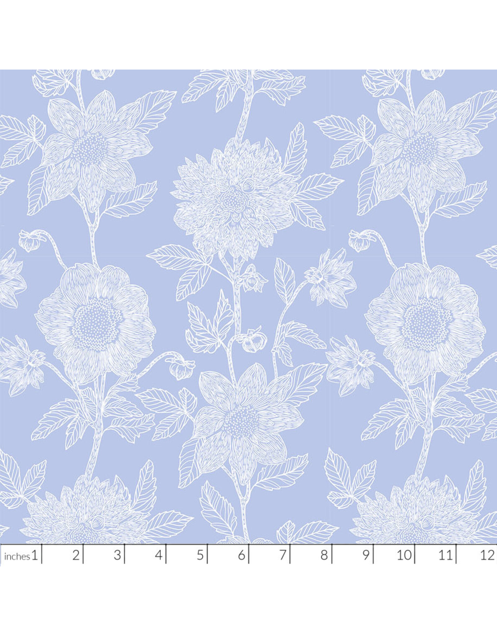Anna Maria Silhouette, Stitched Dahlia in Cornflower, Linen/Cotton Blend Fabric Half-Yards