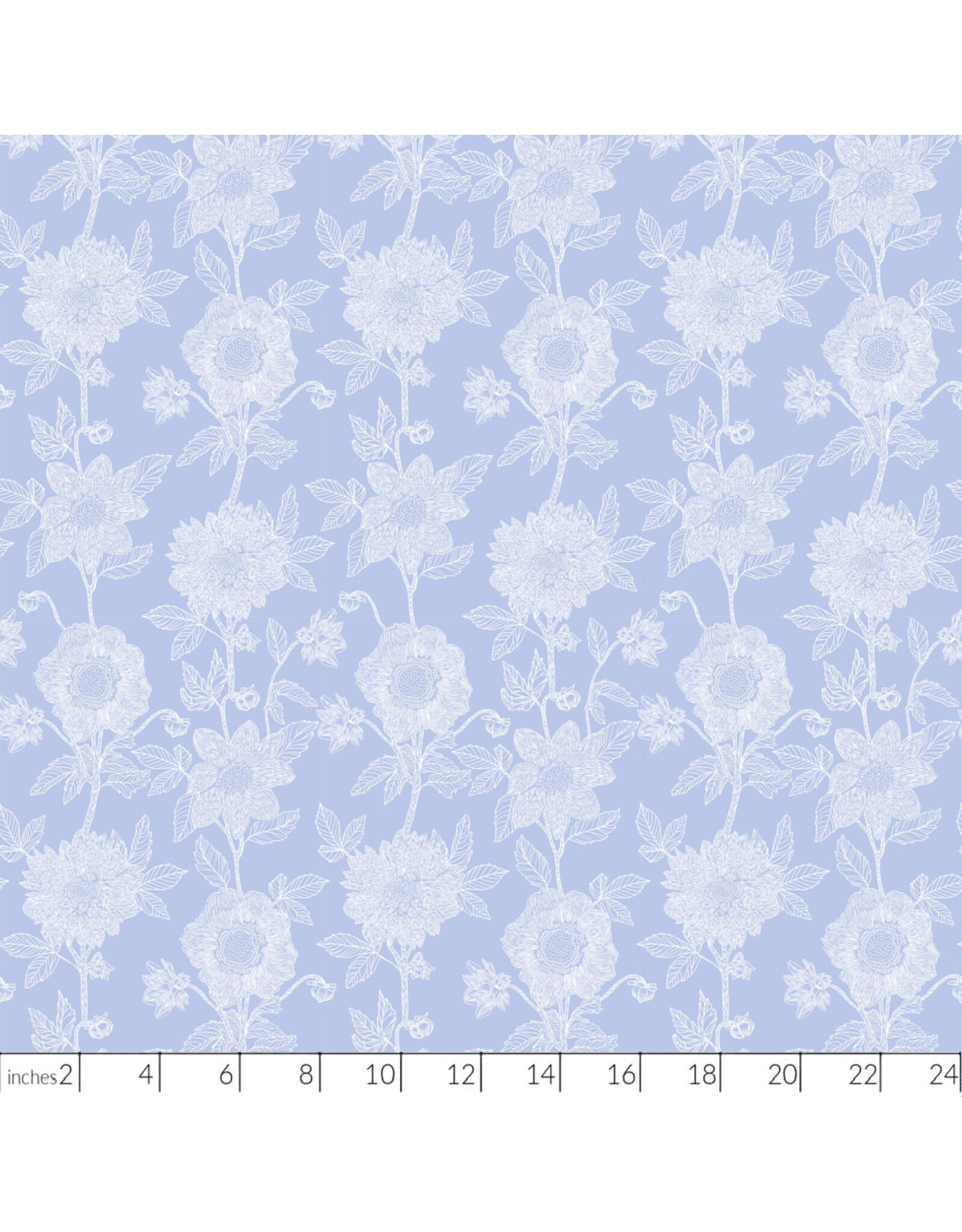 Anna Maria Silhouette, Stitched Dahlia in Cornflower, Linen/Cotton Blend Fabric Half-Yards