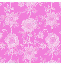 Anna Maria Silhouette, Stitched Dahlia in Fuchsia, Linen/Cotton Blend Fabric Half-Yards