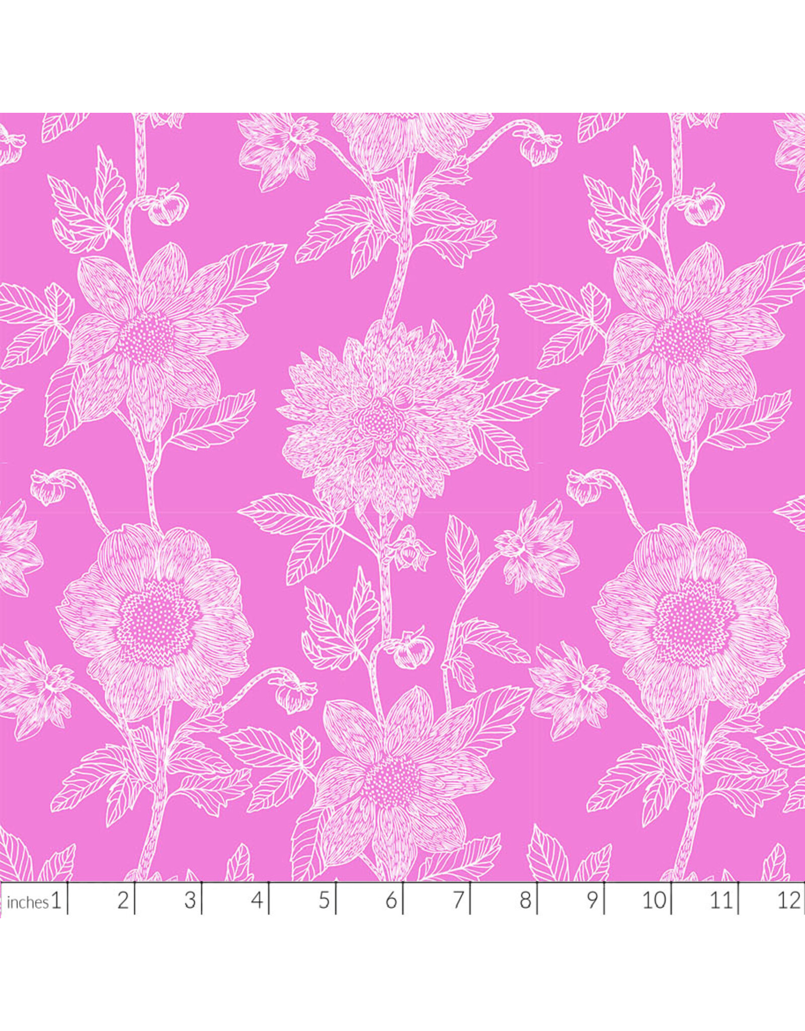 Anna Maria Silhouette, Stitched Dahlia in Fuchsia, Linen/Cotton Blend Fabric Half-Yards