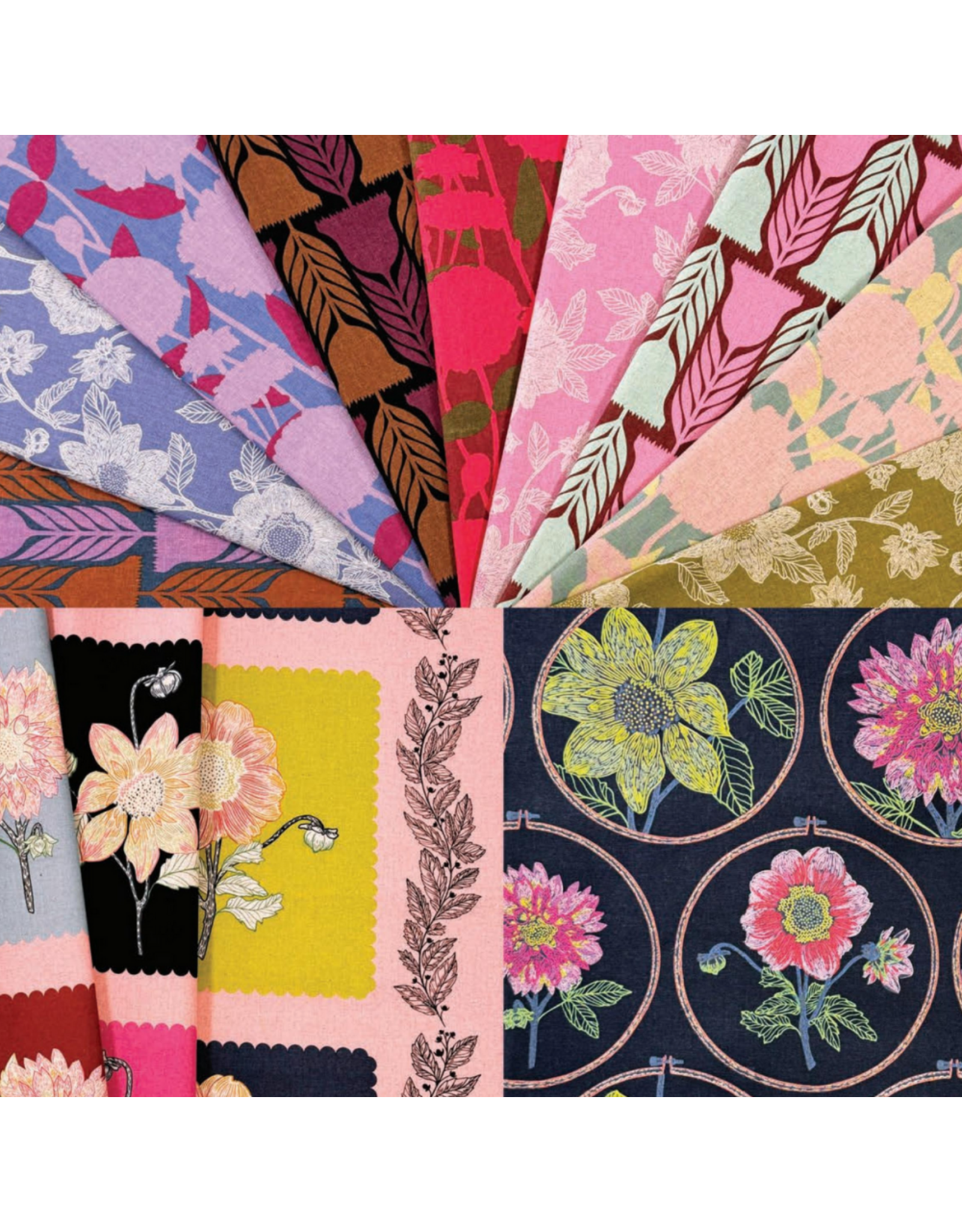 Anna Maria Silhouette, Stitched Dahlia in Fuchsia, Linen/Cotton Blend Fabric Half-Yards