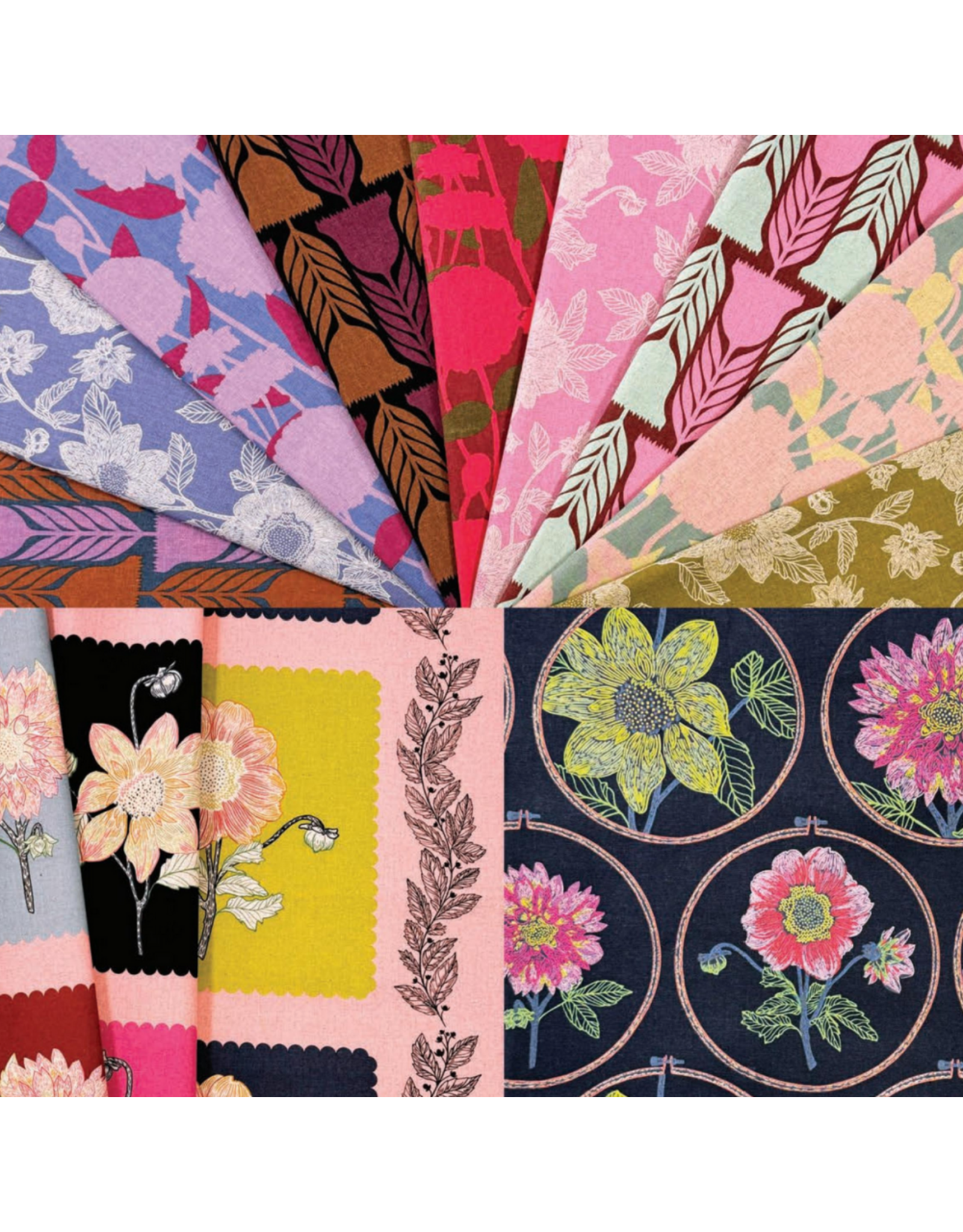 Anna Maria Silhouette, Stitched Dahlia in Sun, Linen/Cotton Blend Fabric Half-Yards