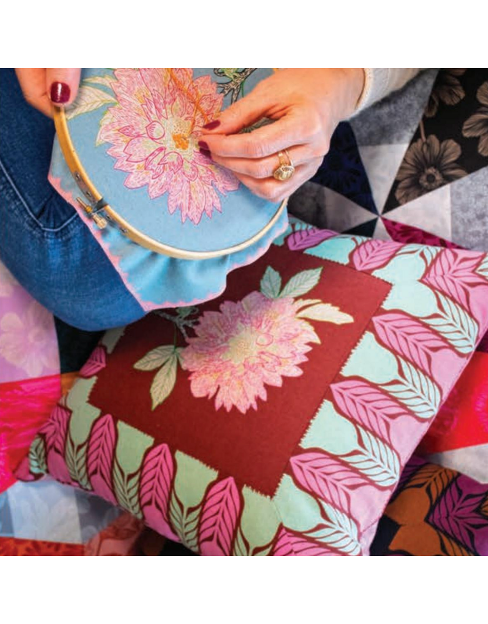 Anna Maria Silhouette, Stitched Dahlia in Sun, Linen/Cotton Blend Fabric Half-Yards