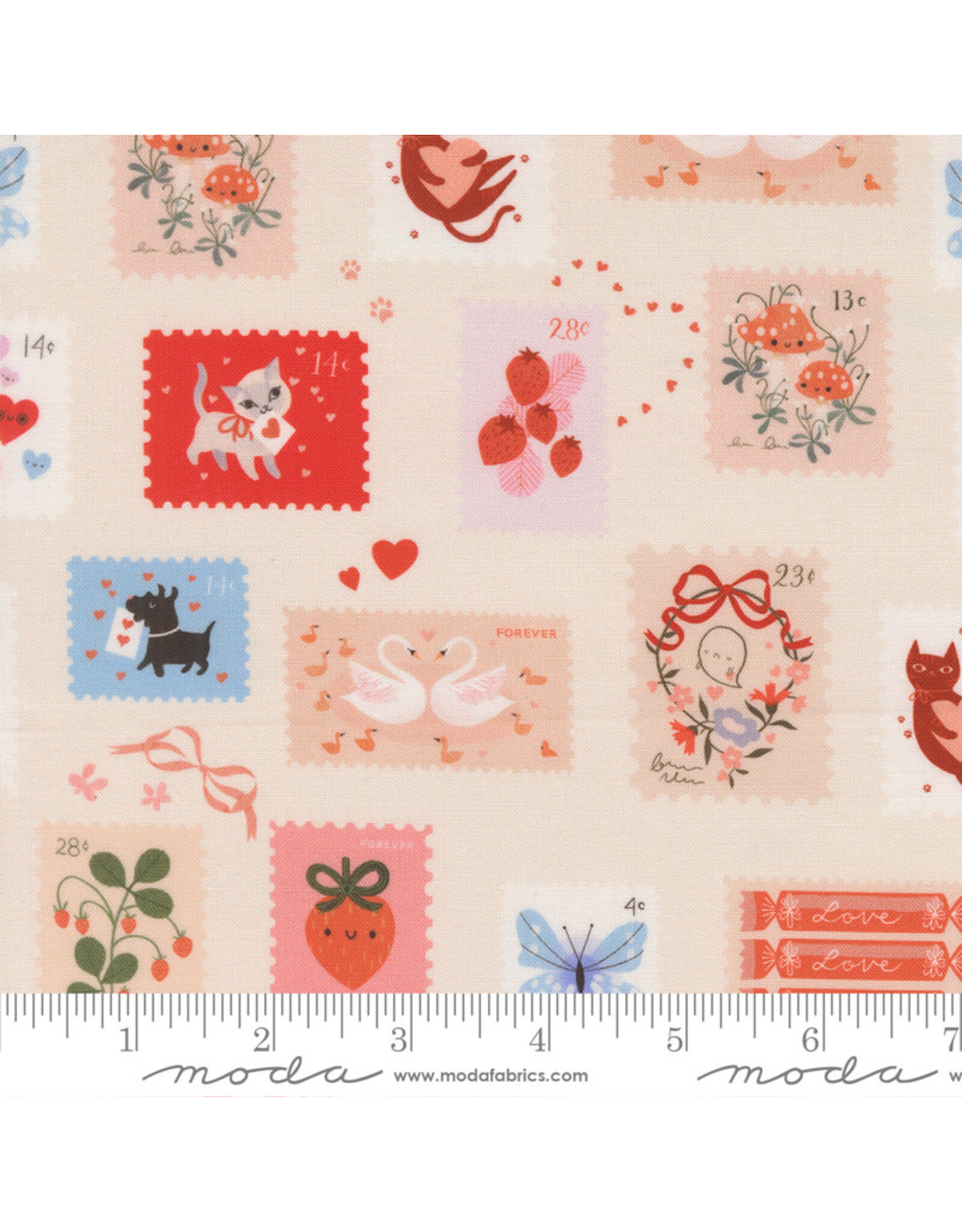 Lizzy House Funny Valentine, Stamps in Champagne,  Fabric Half-Yards