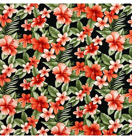 Sevenberry Hawaiian Tropical, Floral in Black, Fabric Half-Yards
