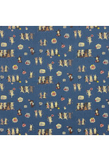 Kokka, Japan Japan Novelty, Kawaii Cats Cheering in Blue, Fabric Half-Yards