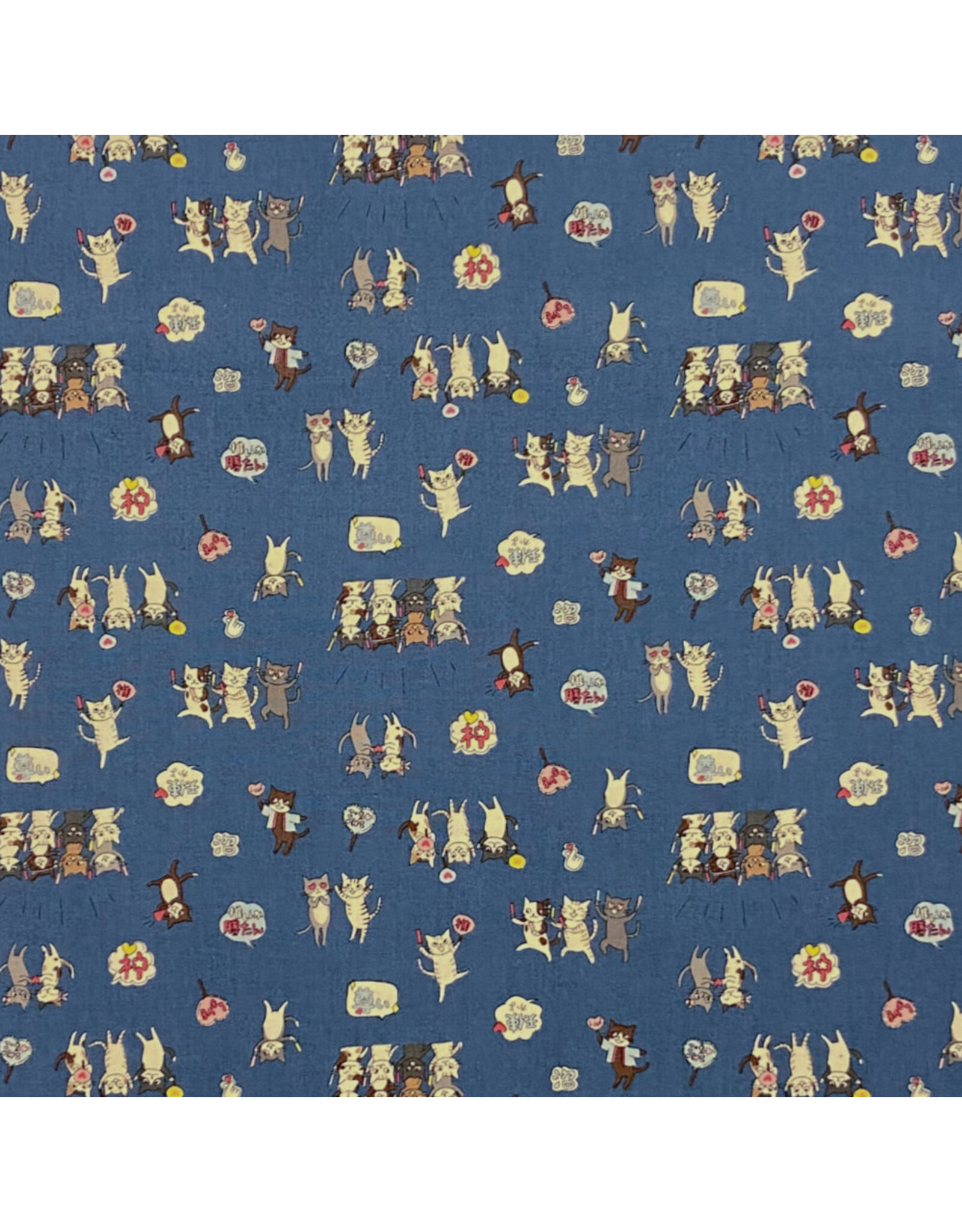 Kokka, Japan Japan Novelty, Kawaii Cats Cheering in Blue, Fabric Half-Yards