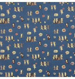 Kokka, Japan Japan Novelty, Kawaii Cats Cheering in Blue, Fabric Half-Yards