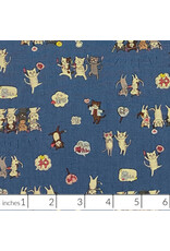 Kokka, Japan Japan Novelty, Kawaii Cats Cheering in Blue, Fabric Half-Yards