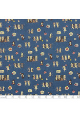 Kokka, Japan Japan Novelty, Kawaii Cats Cheering in Blue, Fabric Half-Yards