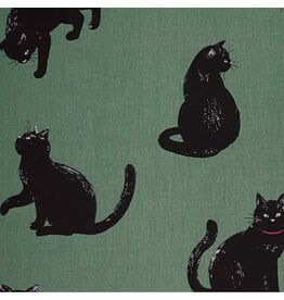 Cosmo, Japan Cotton Canvas, Cosmo Japan, Black Cats in Green, Fabric Half-Yards
