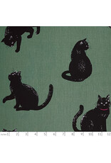 Cosmo, Japan Cotton Canvas, Cosmo Japan, Black Cats in Green, Fabric Half-Yards