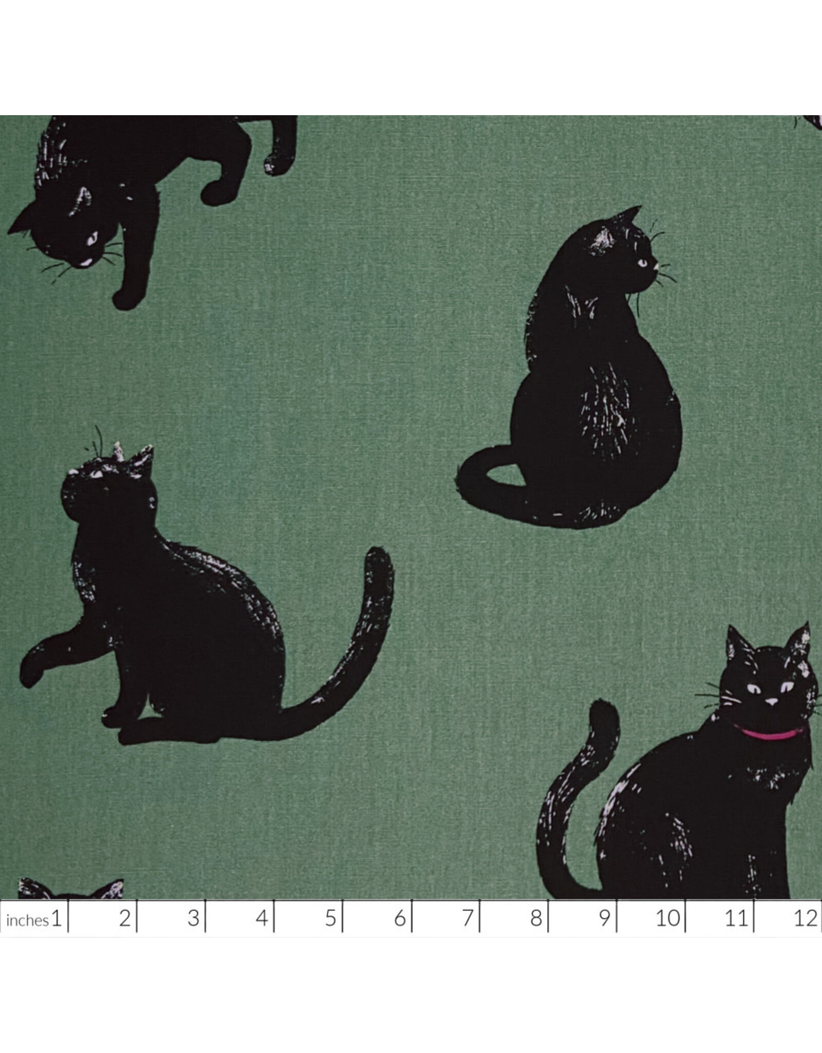 Cosmo, Japan Cotton Canvas, Cosmo Japan, Black Cats in Green, Fabric Half-Yards