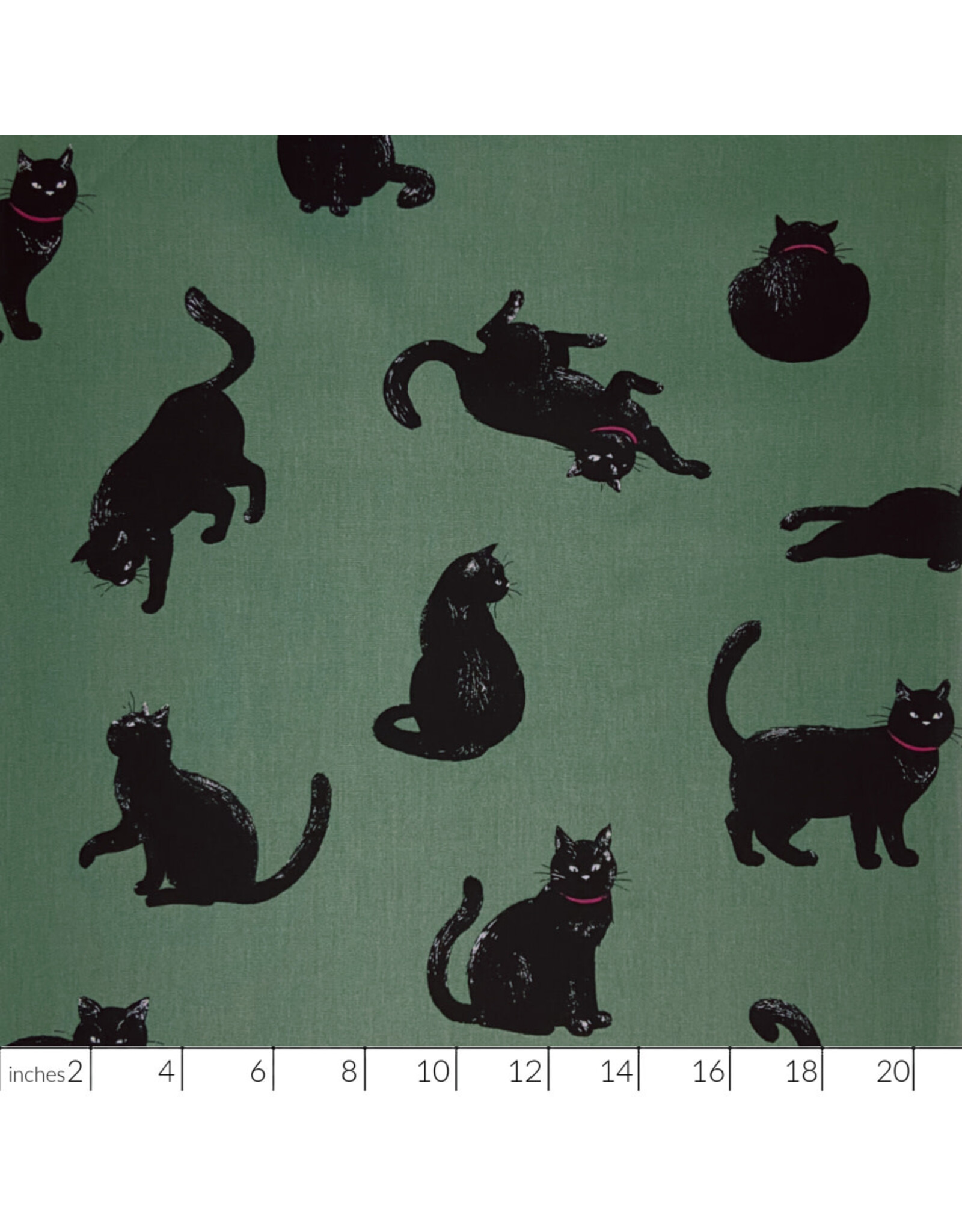 Cosmo, Japan Cotton Canvas, Cosmo Japan, Black Cats in Green, Fabric Half-Yards