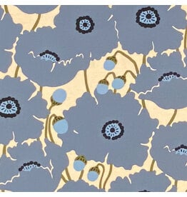 Japan Import Linen Cotton Flax Canvas, Japan Scandi Flower in Blue, Fabric Half-Yards