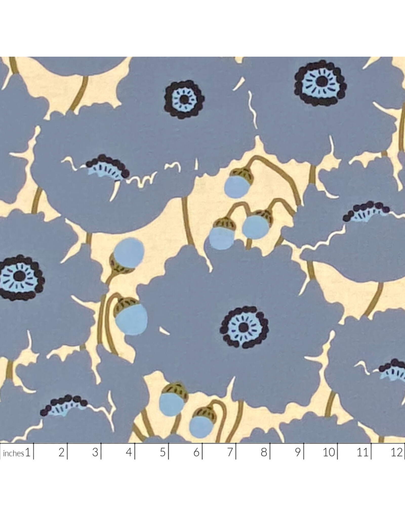 Japan Import Linen Cotton Flax Canvas, Japan Scandi Flower in Blue, Fabric Half-Yards