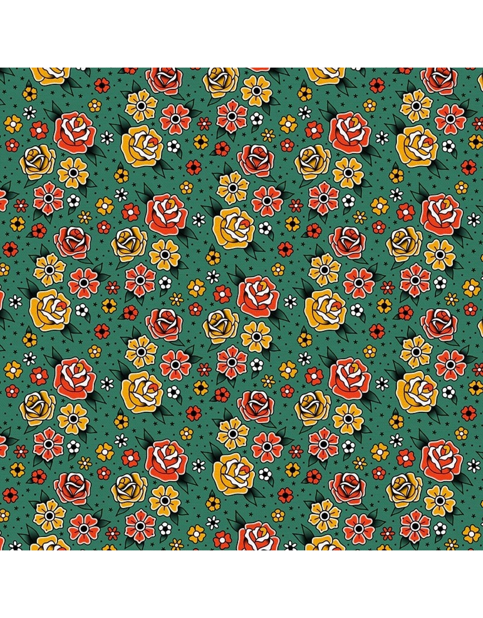 Paintbrush Studio Timeless Tattoos, Flower Tattoos in Green, Fabric Half-Yards