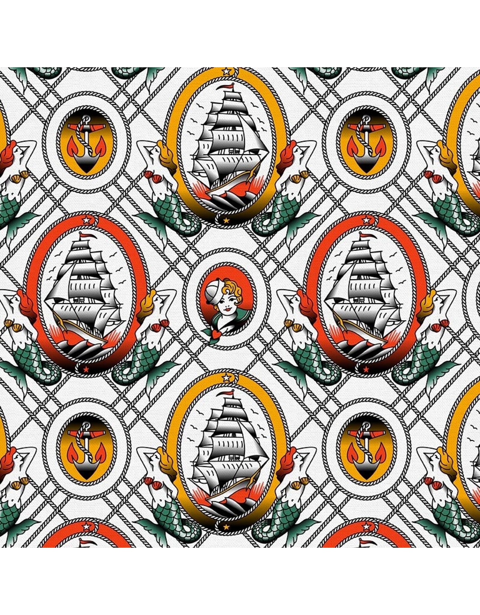 Paintbrush Studio Timeless Tattoos, Sailor Tattoos in White, Fabric Half-Yards