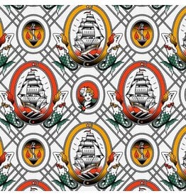 Paintbrush Studio Timeless Tattoos, Sailor Tattoos in White, Fabric Half-Yards