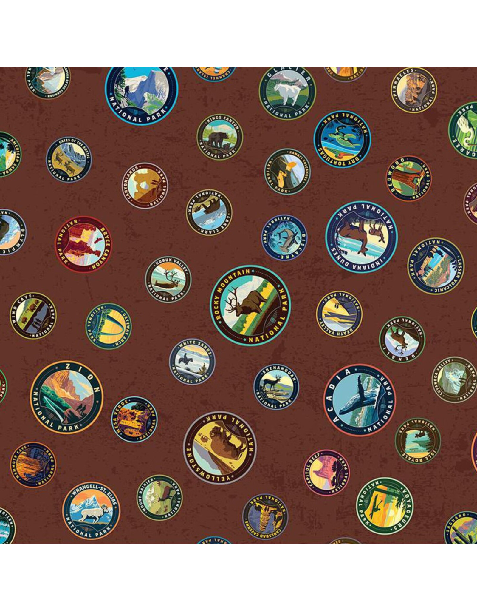Riley Blake Fabrics National Parks, Emblems in Brown, Fabric Half-Yards