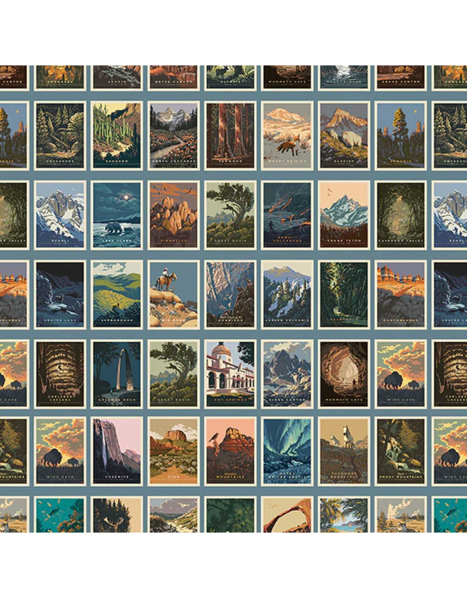 Riley Blake Fabrics National Parks, Postcards in Blue, Fabric Half-Yards