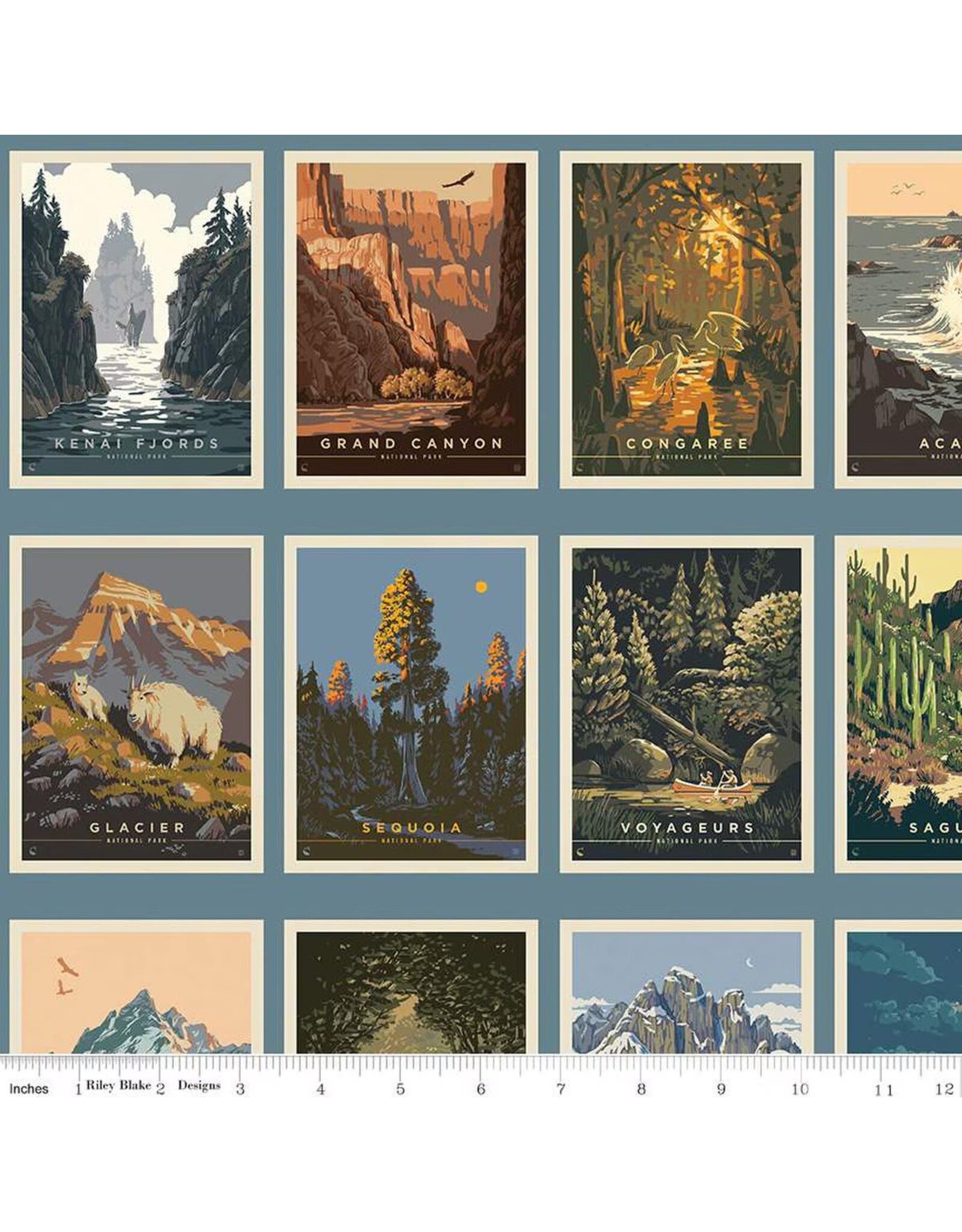 Riley Blake Fabrics National Parks, Postcards in Blue, Fabric Half-Yards