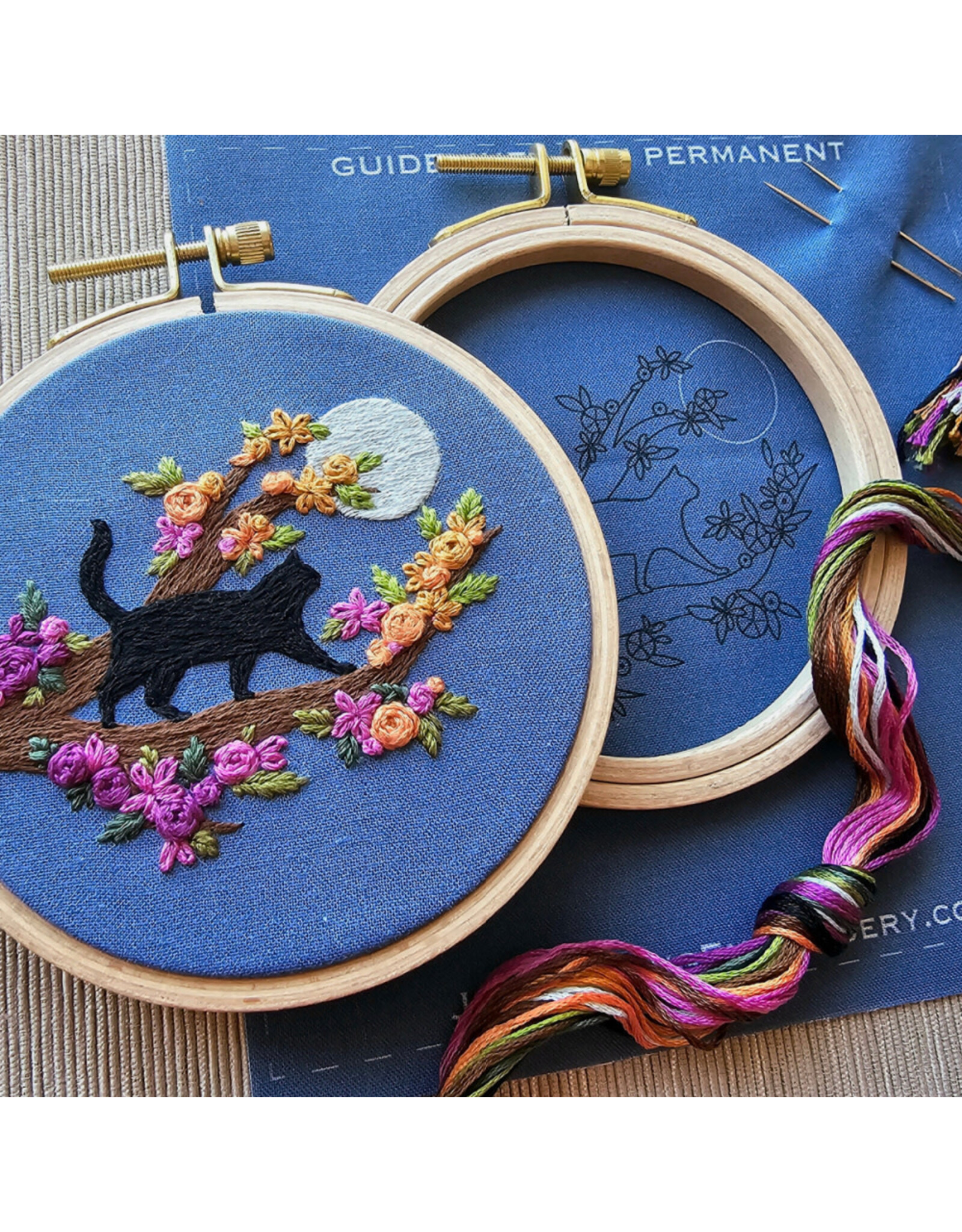 Jessica Long Embroidery Mini Black Cat and Full Moon, Embroidery Kit
