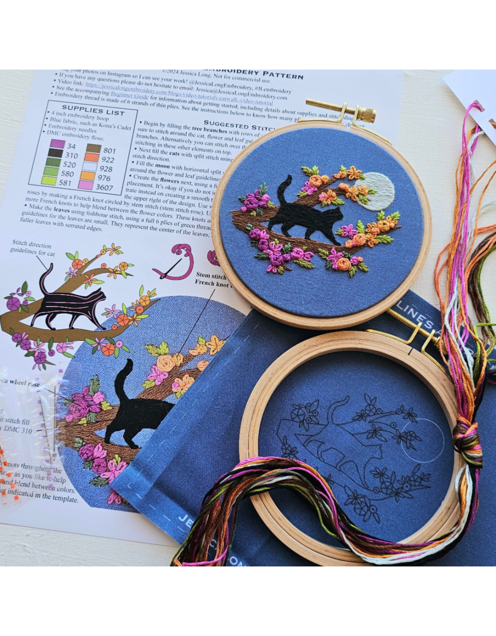 Jessica Long Embroidery Mini Black Cat and Full Moon, Embroidery Kit