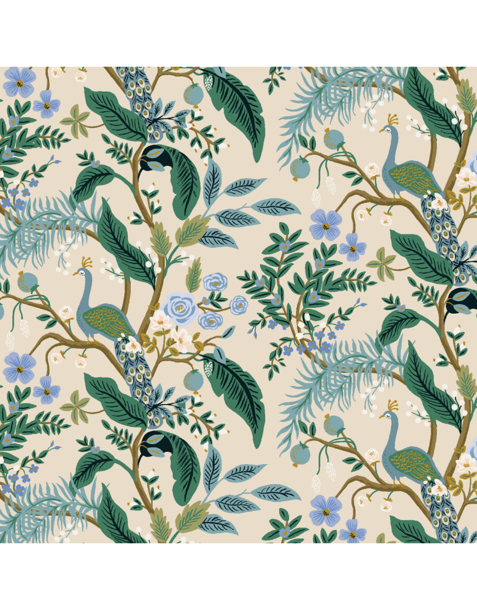 Rifle Paper Co. Vintage Garden, Peacock in Cream with Metallic, Fabric Half-Yards