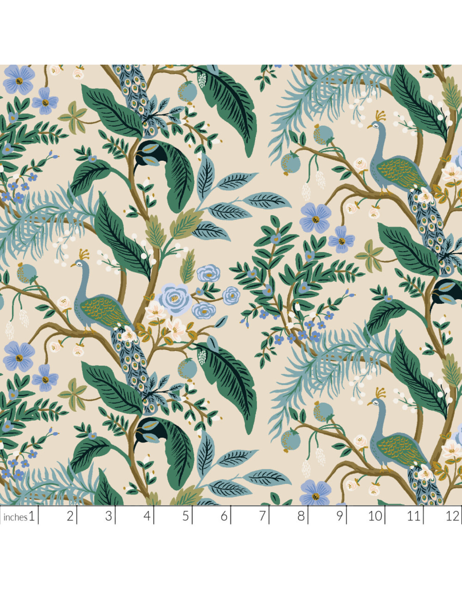 Rifle Paper Co. Vintage Garden, Peacock in Cream with Metallic, Fabric Half-Yards