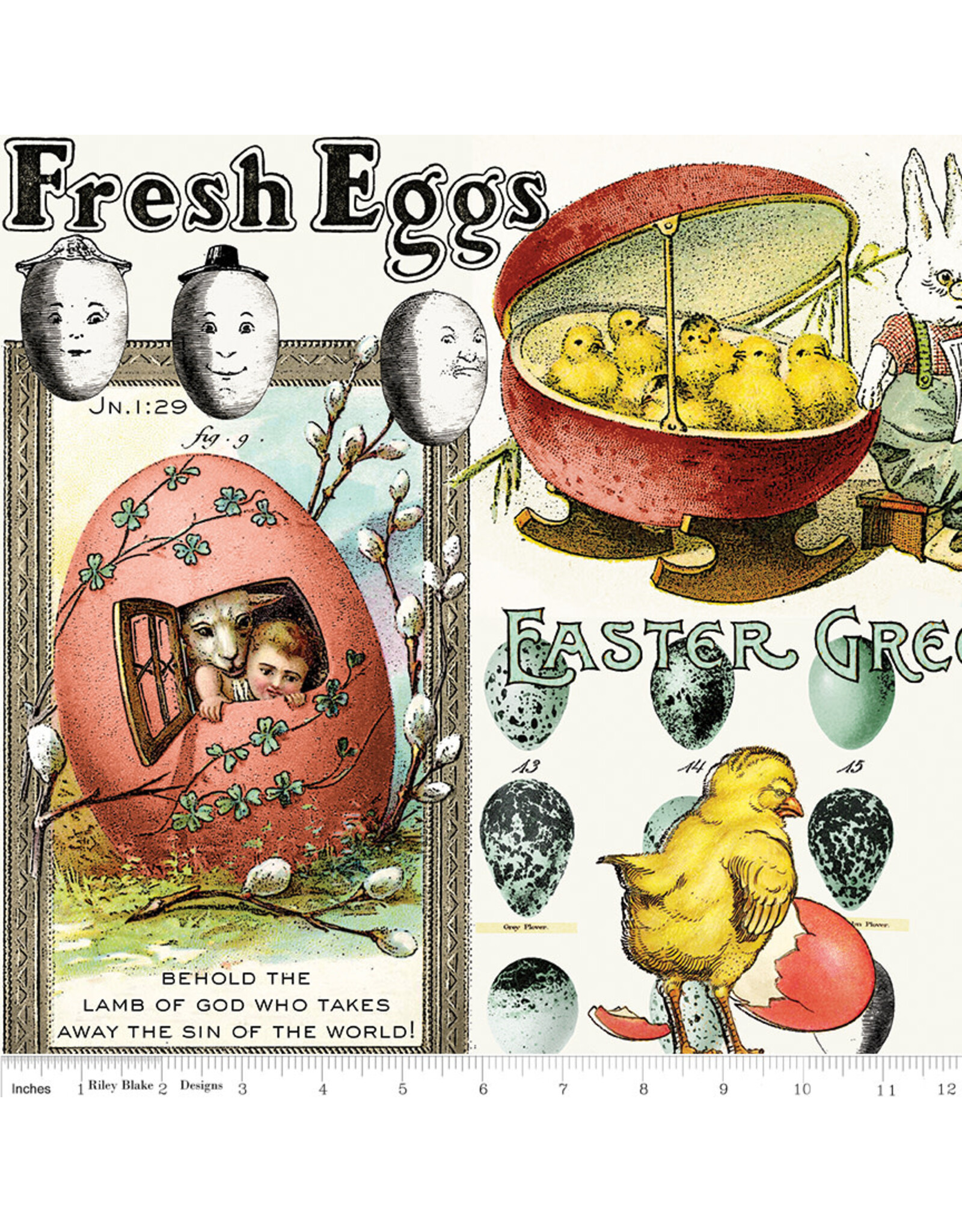 J. Wecker Frisch Egg Hunt, Easter Egg Collage in Multi, Fabric 12" Repeat