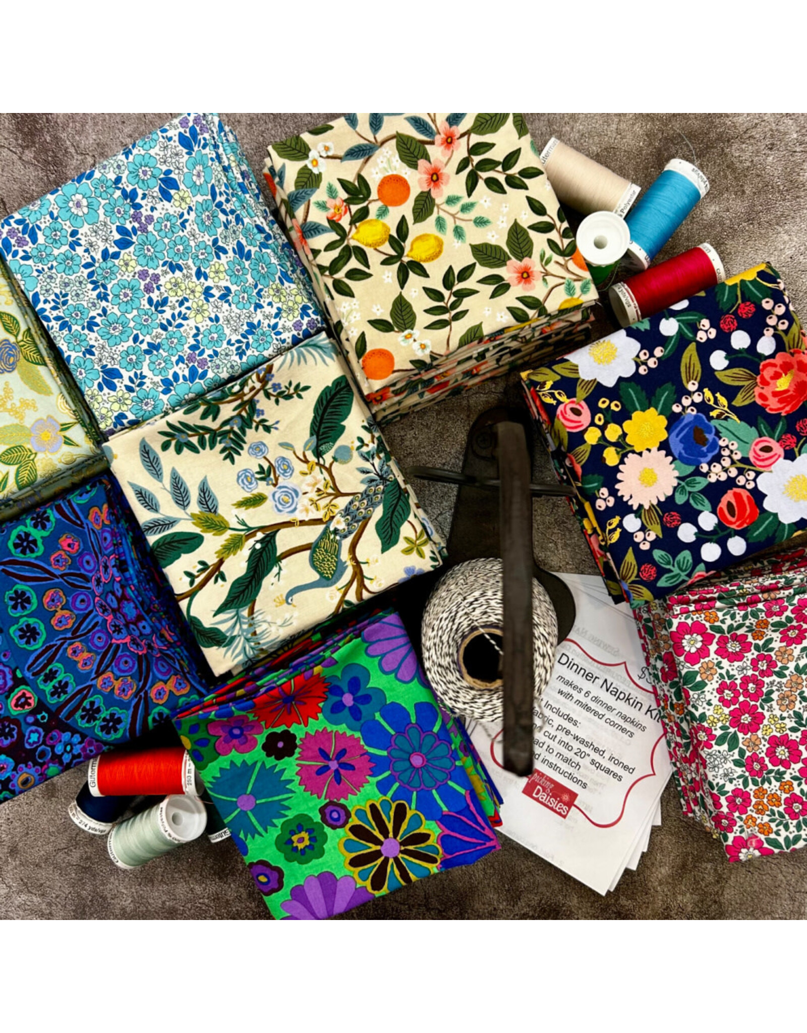 Picking Daisies Kit for Dinner Napkin Making - Your Choice of Fabric + Coordinating Thread to make 6 dinner napkins with mitered corners