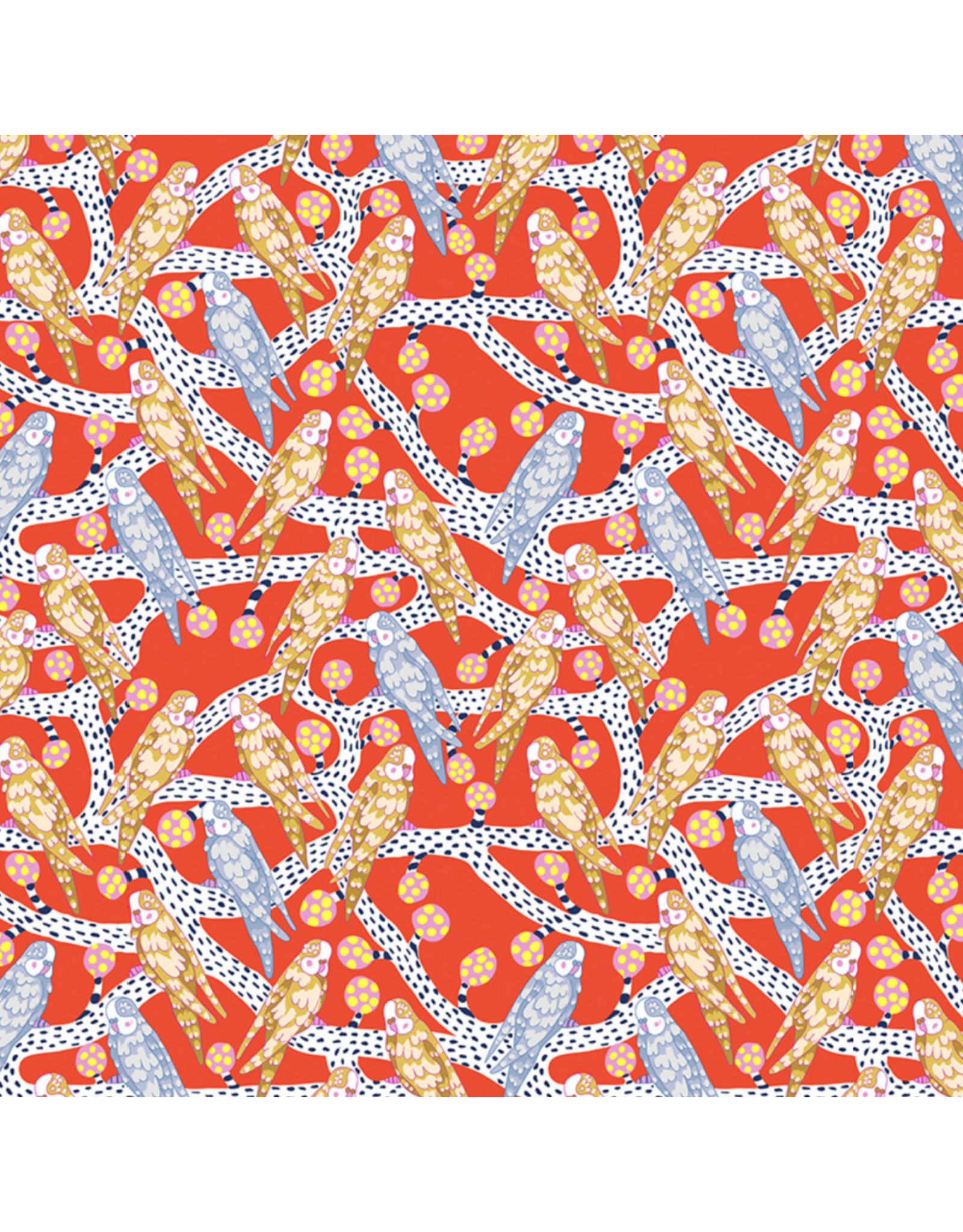 Penny Jeffries Blostma & Song, Budgie Melody in Vermillion, Fabric Half-Yards