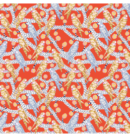Penny Jeffries Blostma & Song, Budgie Melody in Vermillion, Fabric Half-Yards