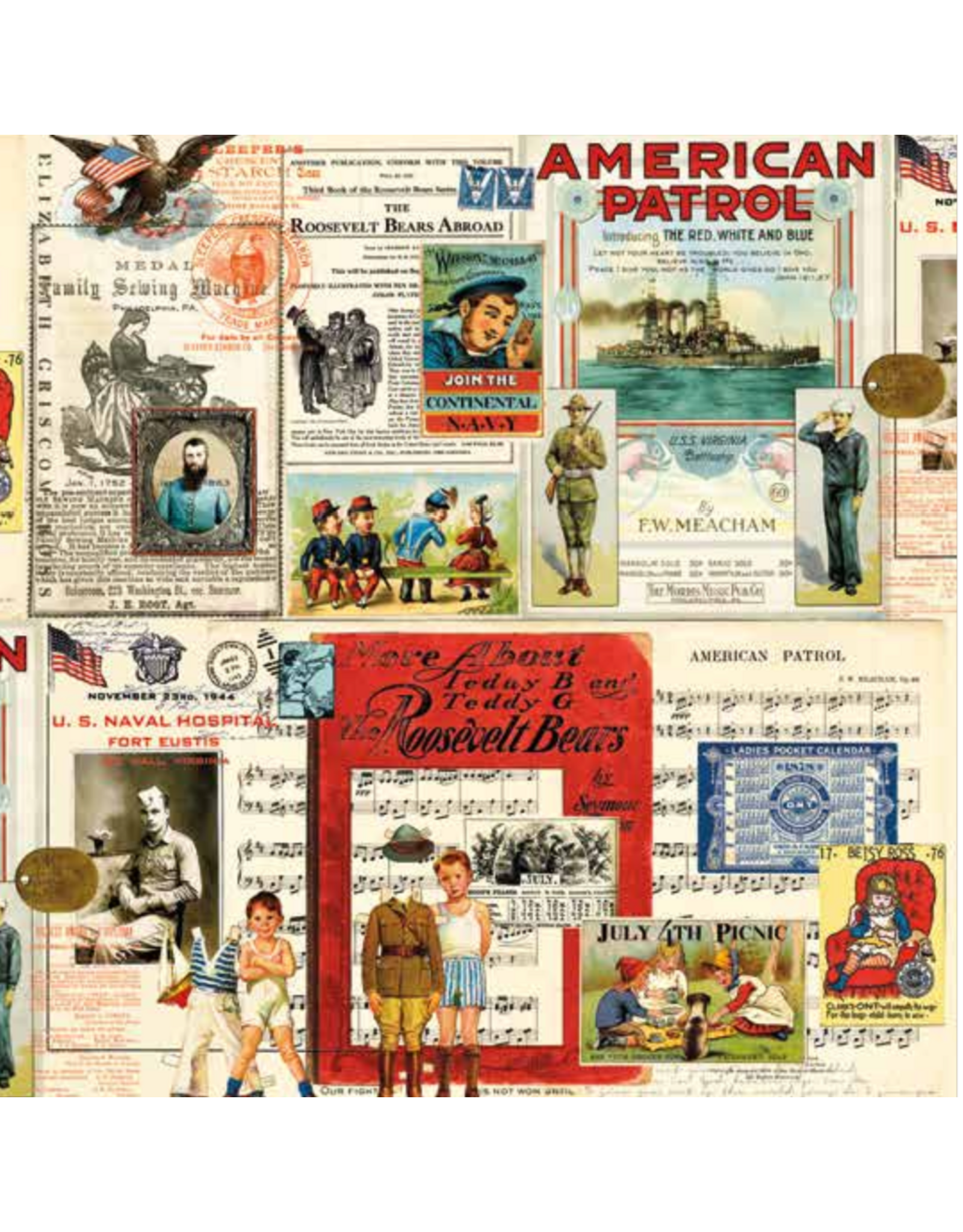 J. Wecker Frisch Sew America,  Collage in Multi, Fabric 24" Full Repeat, sold in 12" increments