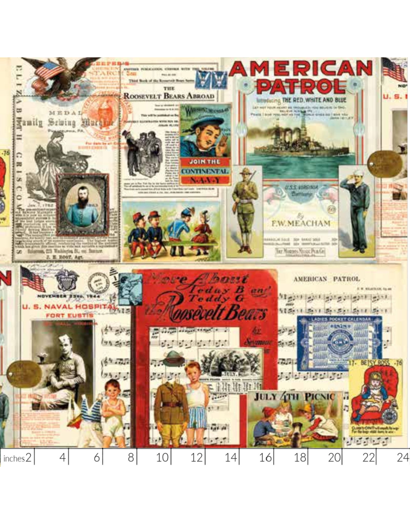 J. Wecker Frisch Sew America,  Collage in Multi, Fabric 24" Full Repeat, sold in 12" increments