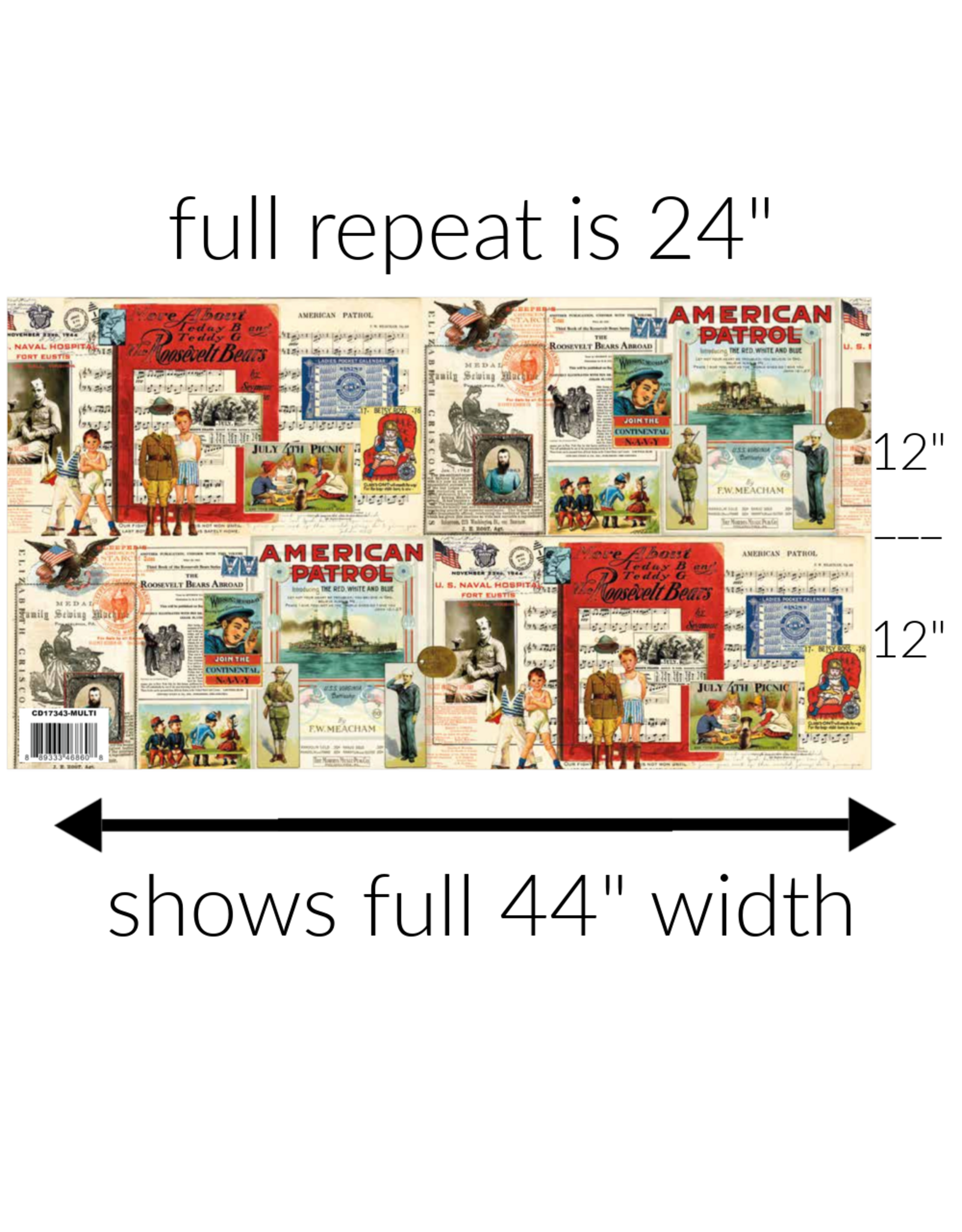 J. Wecker Frisch Sew America,  Collage in Multi, Fabric 24" Full Repeat, sold in 12" increments
