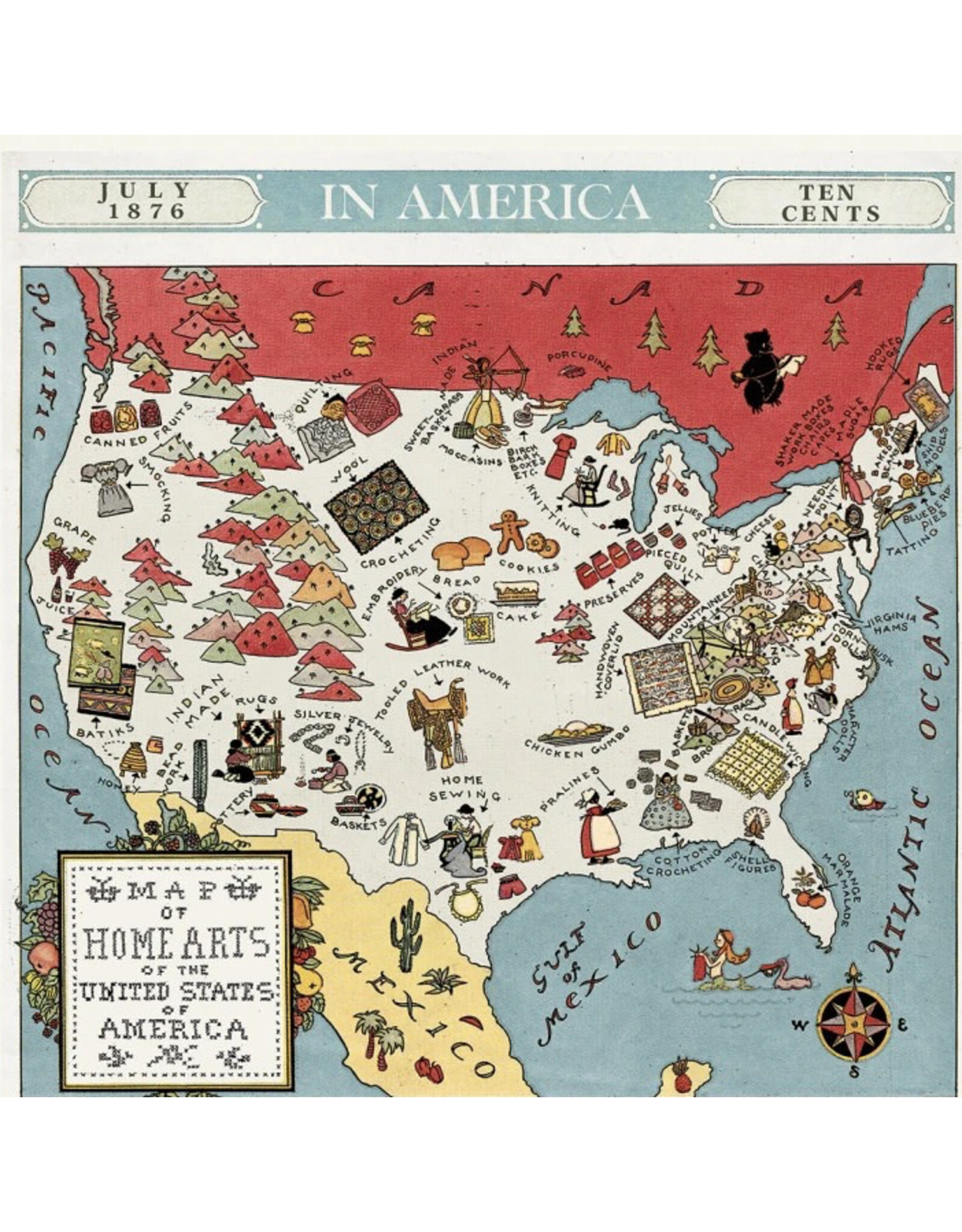 J. Wecker Frisch Sew America, Folk Arts Map, 24" Fabric Panel