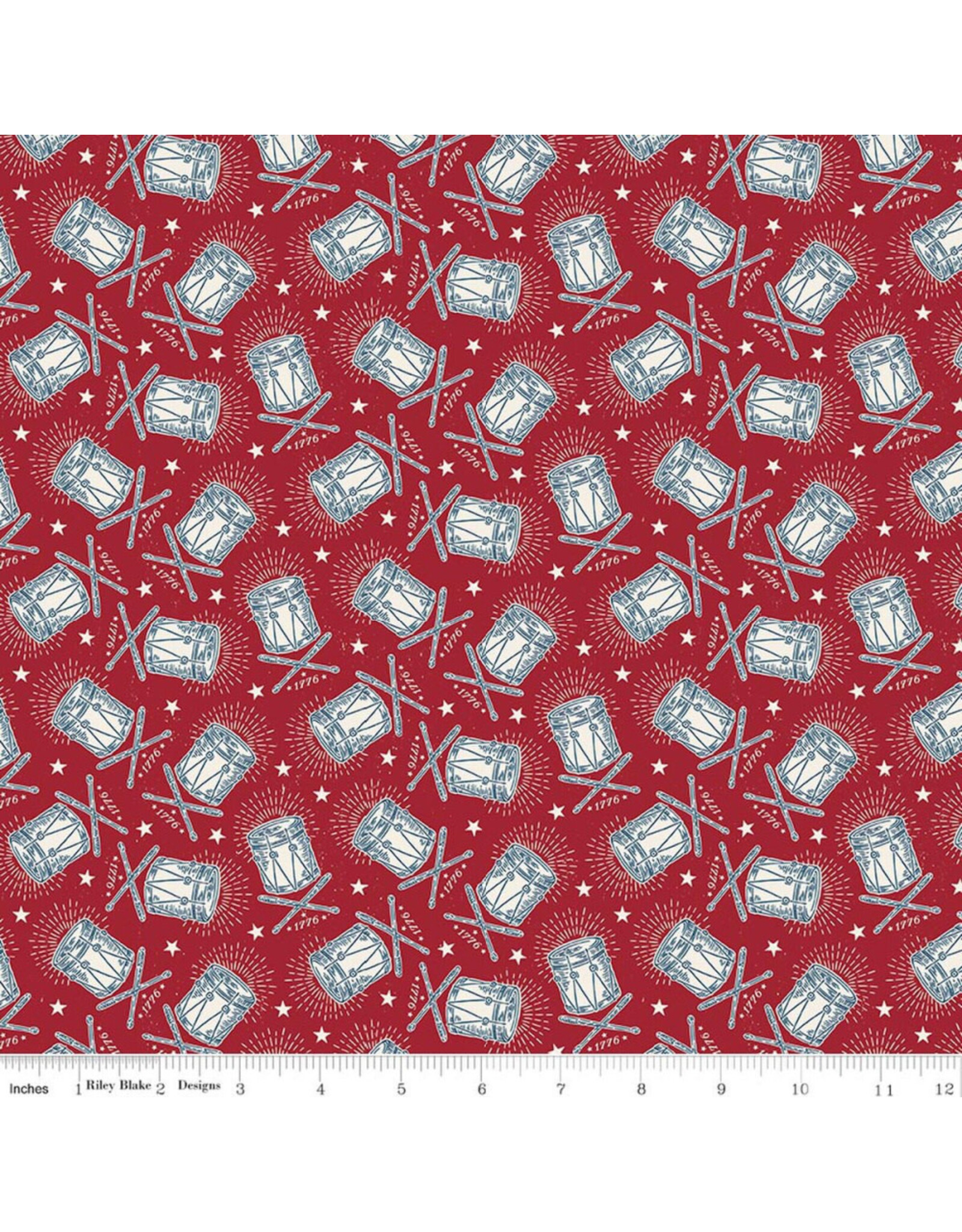 Riley Blake Fabrics Independence, Drums in Cherry Tart,  Fabric Half-Yards