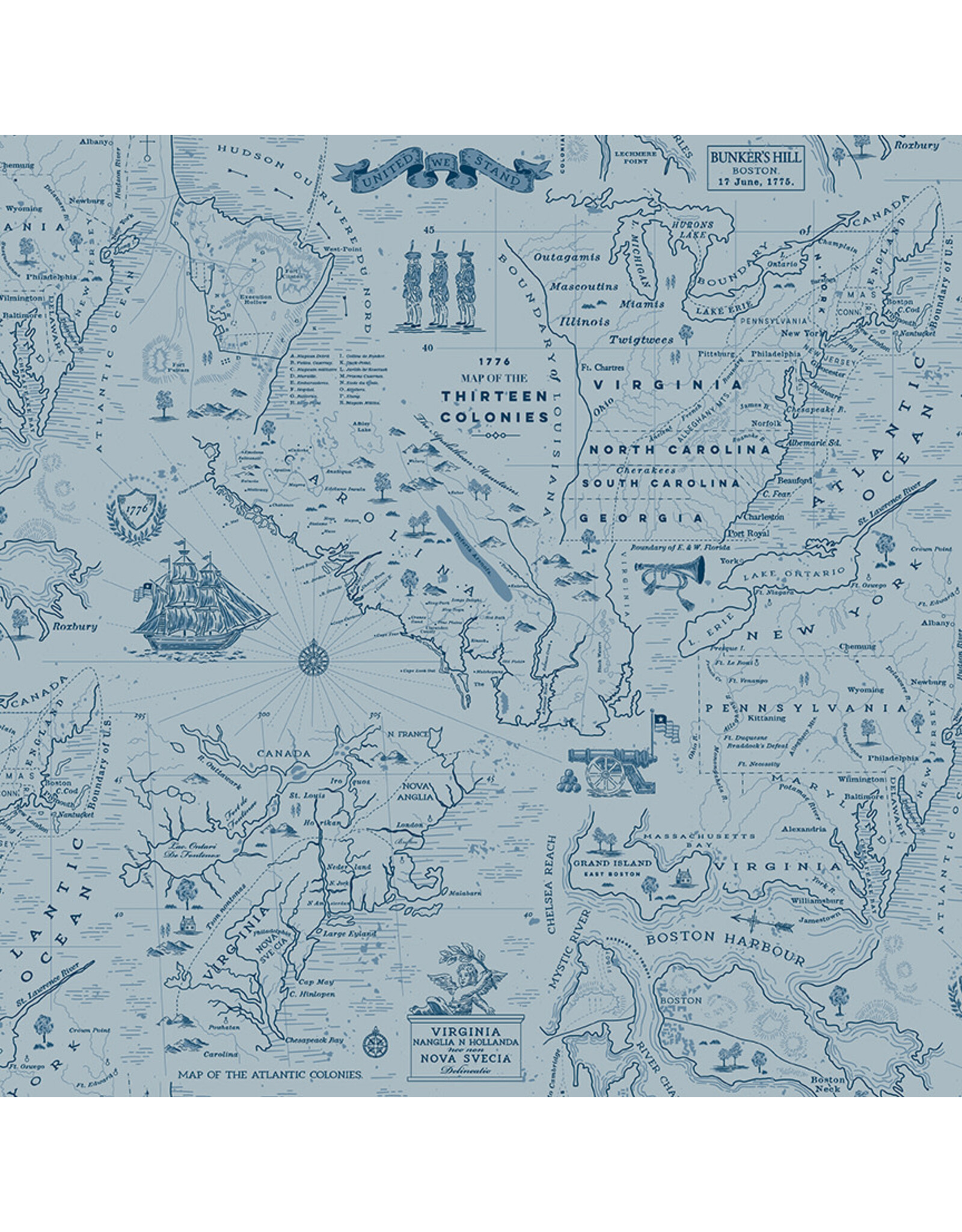 Riley Blake Fabrics Independence, Colonial Map in Blue,  Fabric Half-Yards