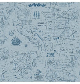 Riley Blake Fabrics Independence, Colonial Map in Blue,  Fabric Half-Yards