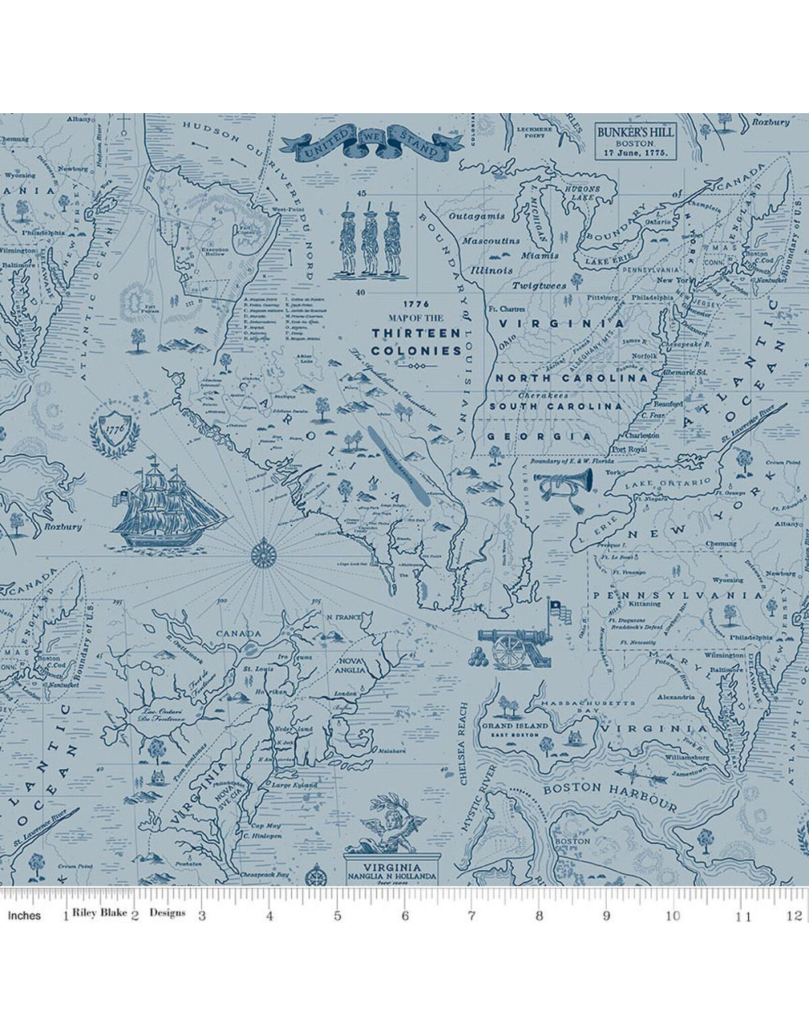 Riley Blake Fabrics Independence, Colonial Map in Blue,  Fabric Half-Yards