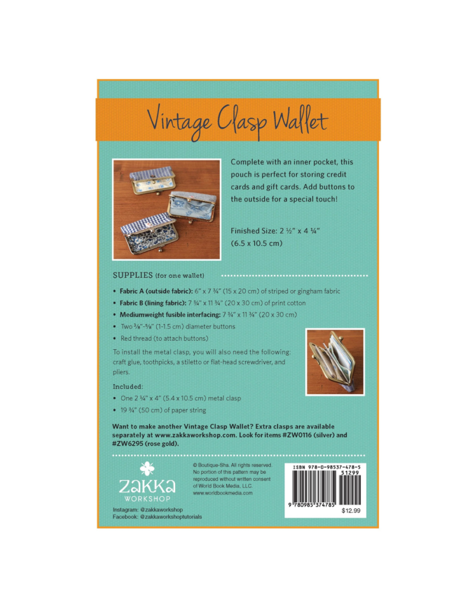 Zakka Workshop Vintage Clasp Wallet, Pattern and Hardware Kit