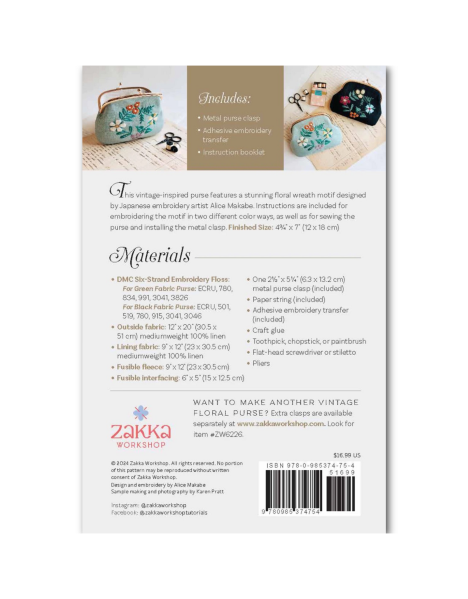 Zakka Workshop Vintage Floral Purse, Pattern and Hardware Kit