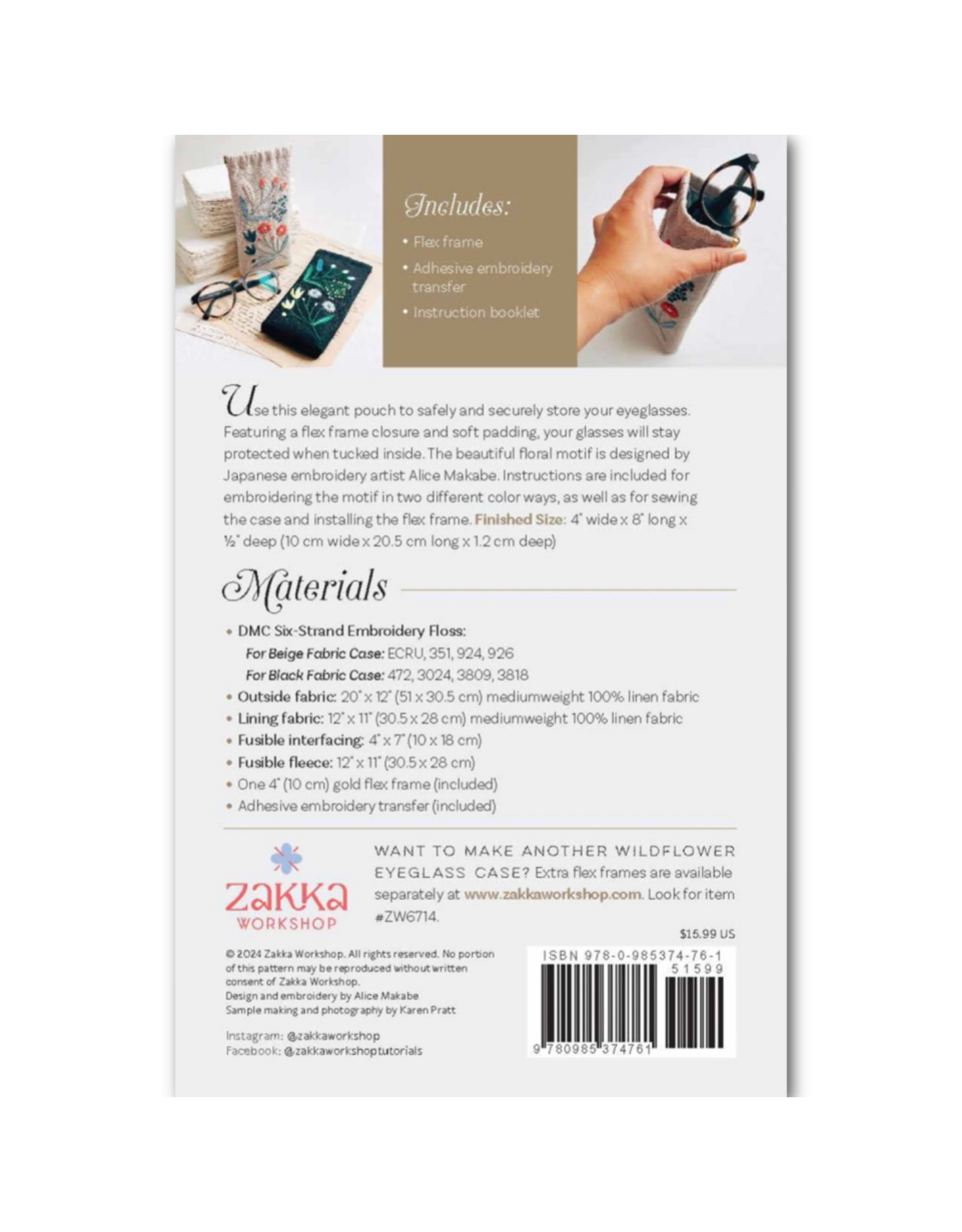 Zakka Workshop Wildflower Eyeglass Case, Pattern and Hardware Kit